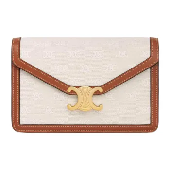 CELINE Triomphe Fabric Cow Leather Patchwork Wallet Women's Natural Color/Tan