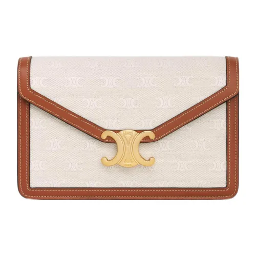 CELINE Triomphe Fabric Cow Leather Patchwork Wallet Women's Natural Color/Tan