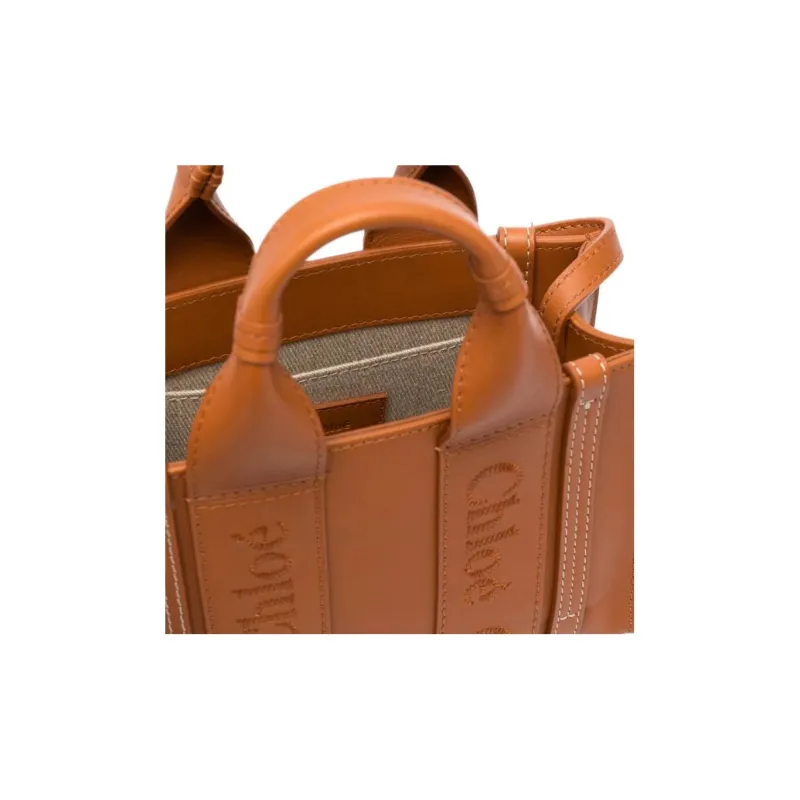 Chloe Woody Smooth Calf Leather Tote Bag Shopping Bag Shoulder Bag Crossbody Bag Handbag Mini Women's Brown-4
