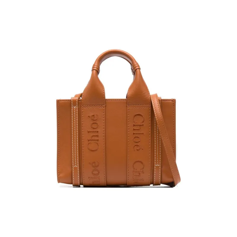Chloe Woody Smooth Calf Leather Tote Bag Shopping Bag Shoulder Bag Crossbody Bag Handbag Mini Women's Brown-0