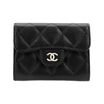 CHANEL Textured Calfskin Card Holder Wallet Regular Women's Black