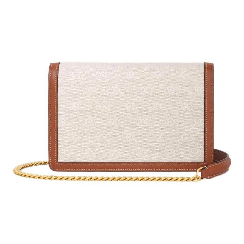 CELINE Triomphe Fabric Cow Leather Patchwork Wallet Women's Natural Color/Tan-2