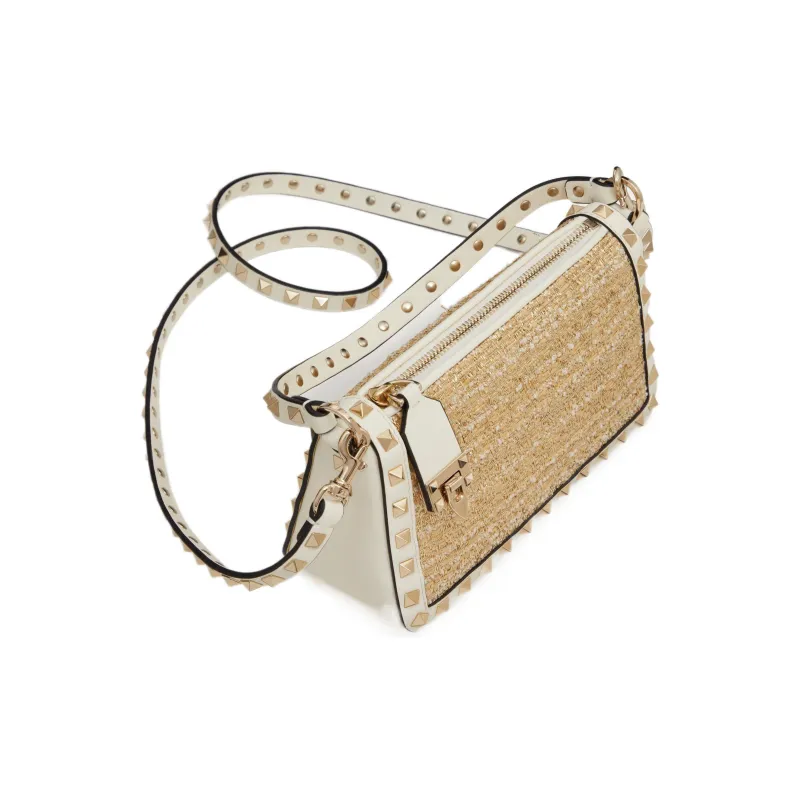 Valentino Rockstud Raffia Handbag Shoulder Bag Small Size Women's White/Natural-4