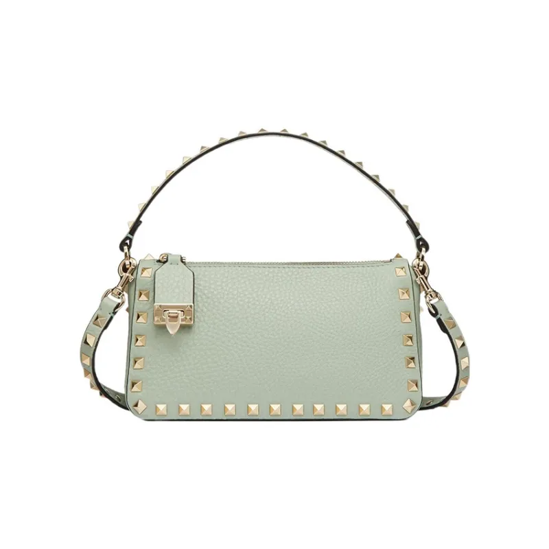 Valentino Rockstud Grained Calfskin Baguette Bag Shoulder Bags Handbags Small Size Women's Aqua Green-0