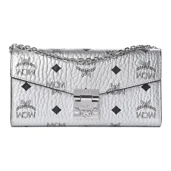 MCM Visetos Coated Canvas Wallets Clutches Shoulder Bag Crossbody Bag Large Size Women's Silver