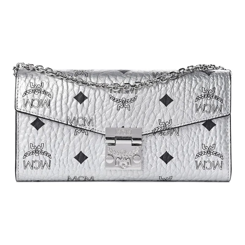 MCM Visetos Coated Canvas Wallets Clutches Shoulder Bag Crossbody Bag Large Size Women's Silver-0