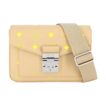 MCM Millie Visetos Cow Leather Shoulder Bag, Crossbody Bag Small Size Women's Beige