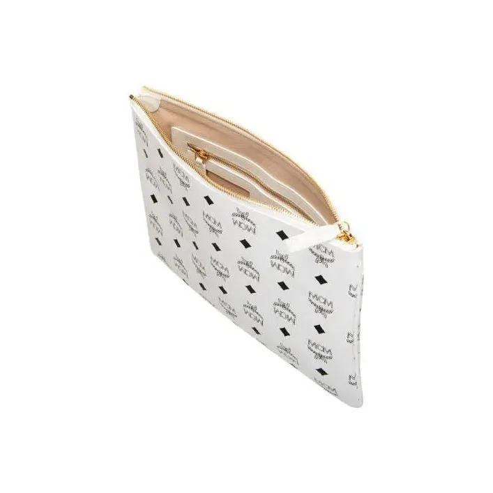 MCM Original Visetos Coated Canvas With Leather Trim Handheld Shoulder Bag, Crossbody Bag Medium Size Unisex White-2