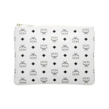 MCM Original Visetos Coated Canvas With Leather Trim Handheld Shoulder Bag, Crossbody Bag Medium Size Unisex White