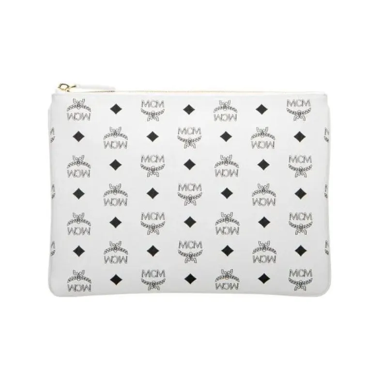 MCM Original Visetos Coated Canvas With Leather Trim Handheld Shoulder Bag, Crossbody Bag Medium Size Unisex White-0