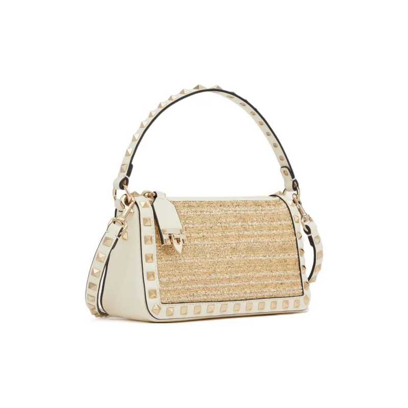 Valentino Rockstud Raffia Handbag Shoulder Bag Small Size Women's White/Natural-1