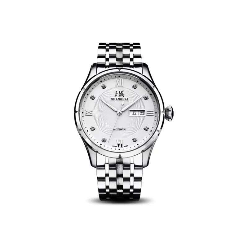 SHANGHAI National Automatic Mechanical Movement Steel Strap Watch Unisex White Dial-43