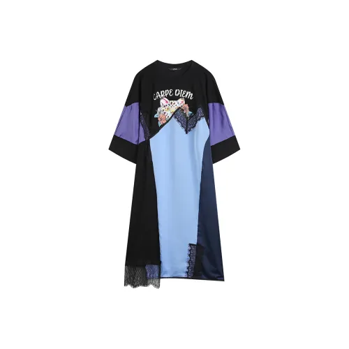 ELF SACK Short-Sleeved Dresses Women's Vintage Patchwork Purple