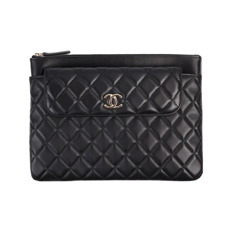 CHANEL Sheepskin Flap Clutch Women's Black-0