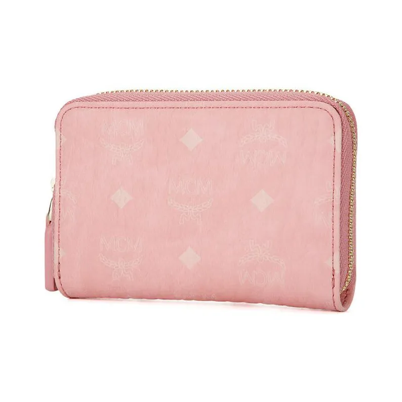 MCM Visetos Canvas With Nappa Leather Card Holder, Wallet Mini Women's Pink-2