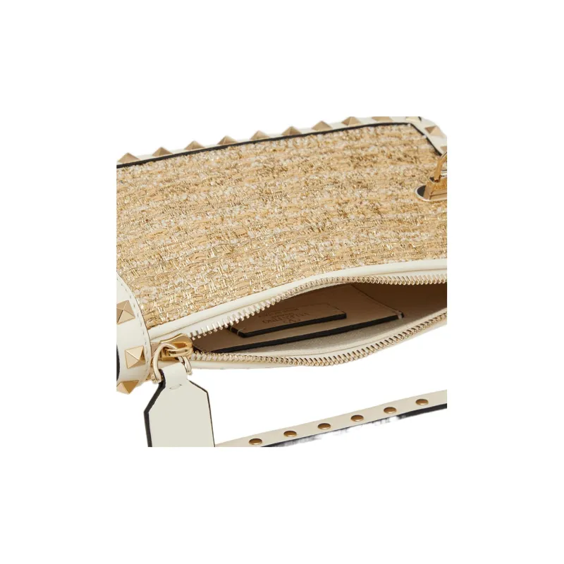 Valentino Rockstud Raffia Handbag Shoulder Bag Small Size Women's White/Natural-5