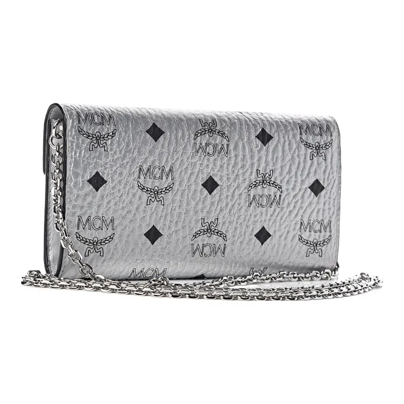 MCM Visetos Coated Canvas Wallets Clutches Shoulder Bag Crossbody Bag Large Size Women's Silver-1