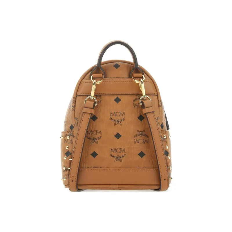 MCM Stark Studded Outline Backpack Visetos Cognac-2