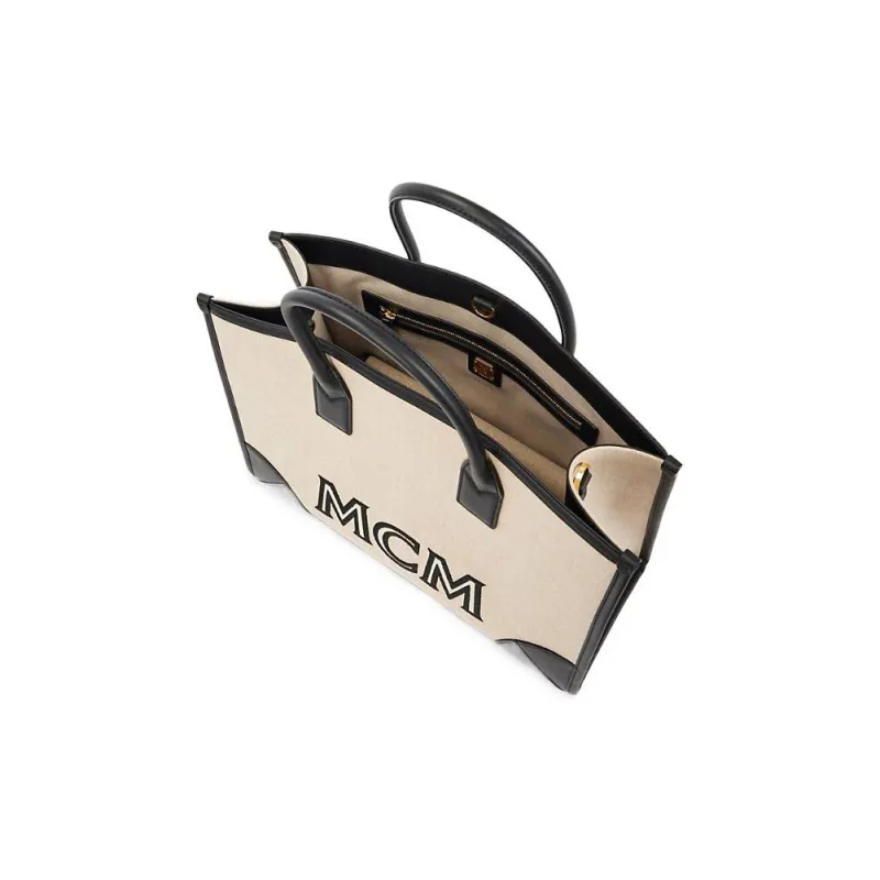 MCM München Fabric Canvas With Calfskin Trim Combo Bag, One Shoulder Handbag Large Size Women's Black-3