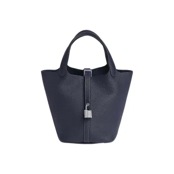 HERMES Picotin Lock Clemence Bullock Leather Basket Bag Handbag Bucket Bag 18 Women's 2Z Bleu Nuit Midnight Blue