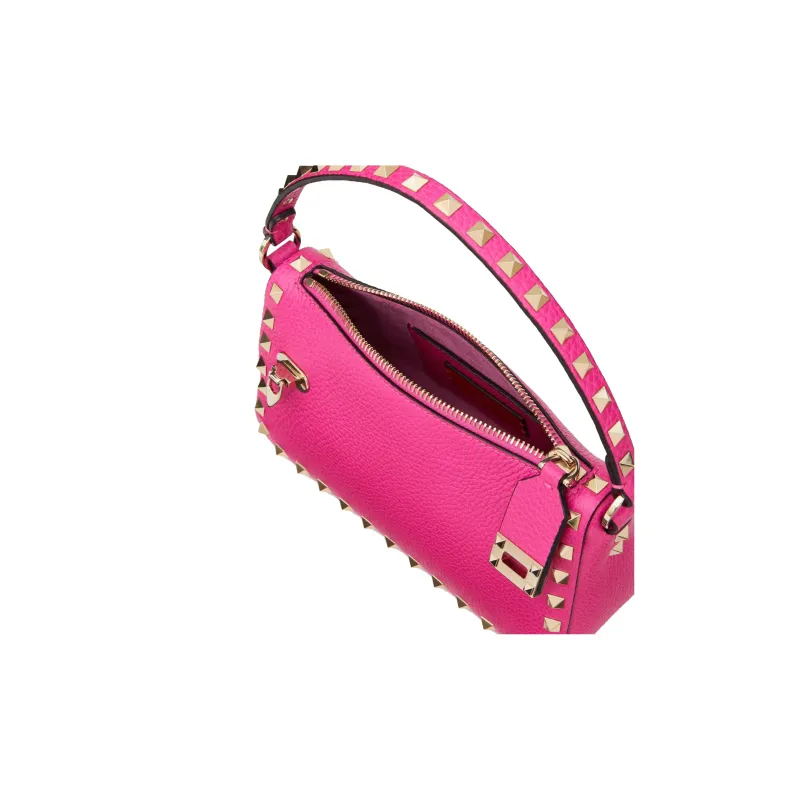 Valentino Rockstud Grained Calfskin Baguette Bag Shoulder Bags Handbags Small Size Women's Rose Red-6