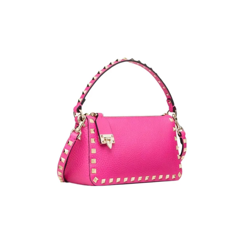 Valentino Rockstud Grained Calfskin Baguette Bag Shoulder Bags Handbags Small Size Women's Rose Red-1