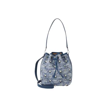 MCM Fabric With Cow Leather Bucket Bags Crossbody Bag, Shoulder Bag Mini Women's Blue