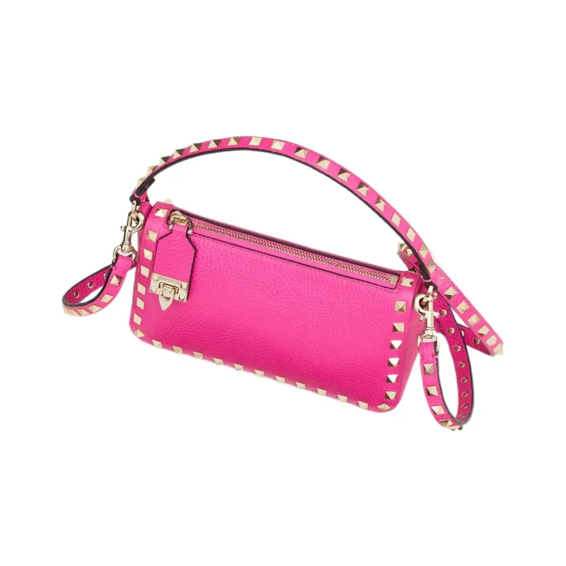 Valentino Rockstud Grained Calfskin Baguette Bag Shoulder Bags Handbags Small Size Women's Rose Red-4