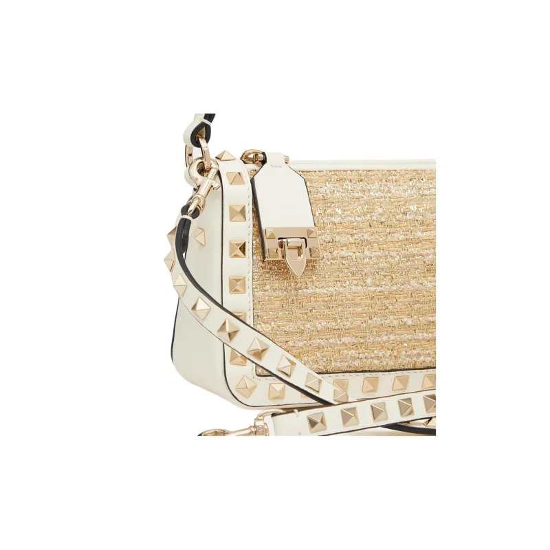 Valentino Rockstud Raffia Handbag Shoulder Bag Small Size Women's White/Natural-6