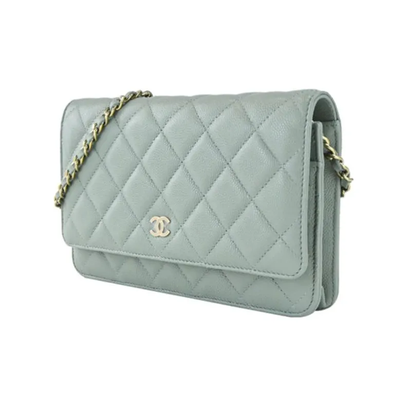 CHANEL WOC Grain Embossed Litchi Calfskin Flap Bag, Shoulder Bag, Crossbody Bag Women's Gray Green-1