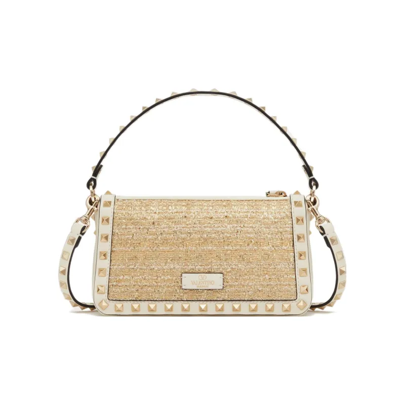 Valentino Rockstud Raffia Handbag Shoulder Bag Small Size Women's White/Natural-0