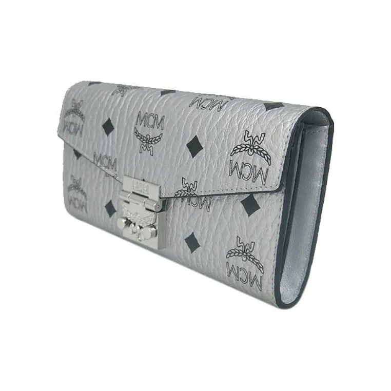 MCM Visetos Coated Canvas Wallets Clutches Shoulder Bag Crossbody Bag Large Size Women's Silver-2