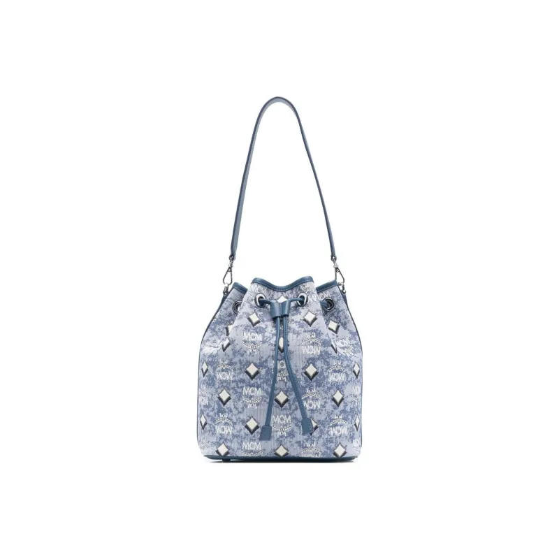 MCM Vintage Monogram Jacquard Fabric With Cow Leather Portable Crossbody Bag, Shoulder Bag Medium Size Women's Blue-2