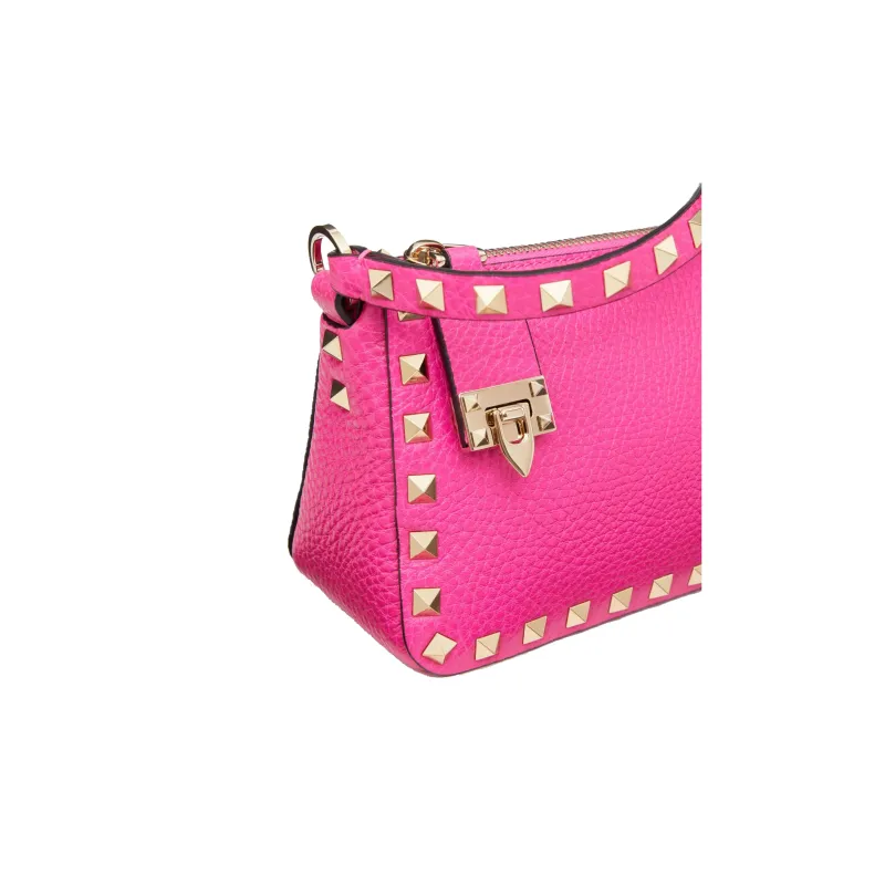 Valentino Rockstud Grained Calfskin Baguette Bag Shoulder Bags Handbags Small Size Women's Rose Red-5