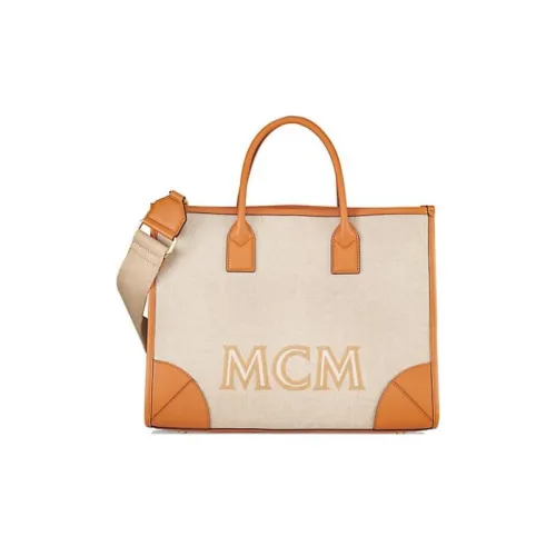 MCM München Fabric Canvas With Calfskin Trim Combo Bag, One Shoulder Handbag Large Size Women's Brown Cognac