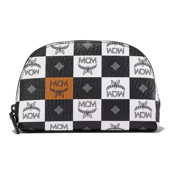 MCM Aren Visetos Canvas With Nappa Leather Trim Toiletry Bag Makeup Bag Medium Size Men's Black White