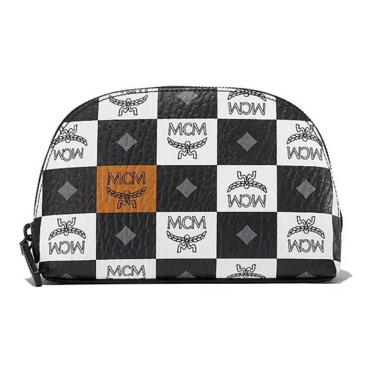 MCM Aren Visetos Canvas With Nappa Leather Trim Toiletry Bag Makeup Bag Medium Size Men's Black White-0