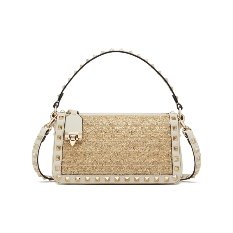 Valentino Rockstud Raffia Handbag Shoulder Bag Small Size Women's White/Natural-3
