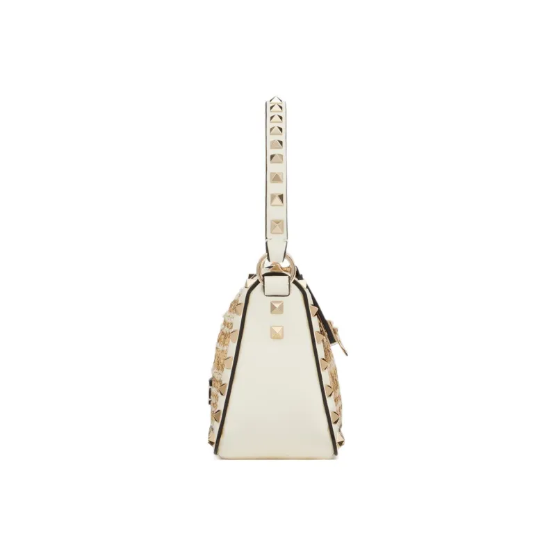 Valentino Rockstud Raffia Handbag Shoulder Bag Small Size Women's White/Natural-2