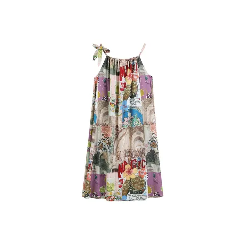 ELF SACK Slip Dresses Women's Vintage Collage Oil Painting Color