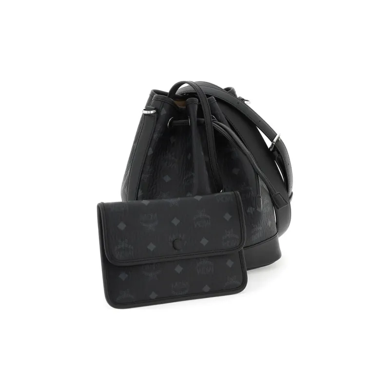 MCM Visetos Coated Canvas Leather Bucket Bag, Combo Bag, Crossbody Bag, Shoulder Bag Medium Size Women's Black-3