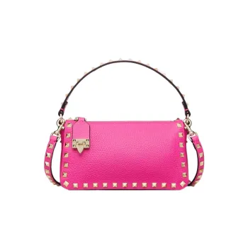 Valentino Rockstud Grained Calfskin Baguette Bag Shoulder Bags Handbags Small Size Women's Rose Red