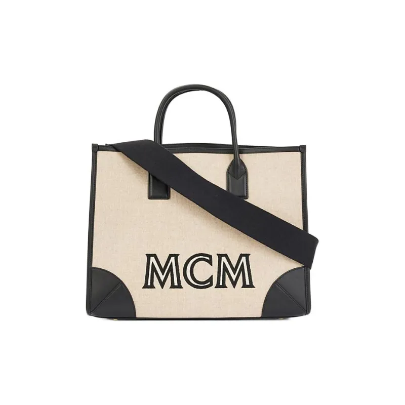 MCM München Fabric Canvas With Calfskin Trim Combo Bag, One Shoulder Handbag Large Size Women's Black-0