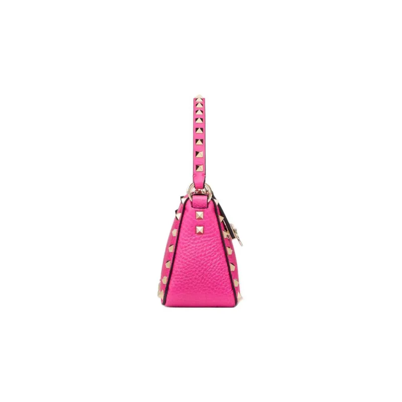 Valentino Rockstud Grained Calfskin Baguette Bag Shoulder Bags Handbags Small Size Women's Rose Red-3