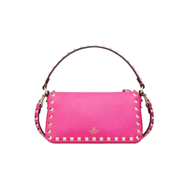Valentino Rockstud Grained Calfskin Baguette Bag Shoulder Bags Handbags Small Size Women's Rose Red-2