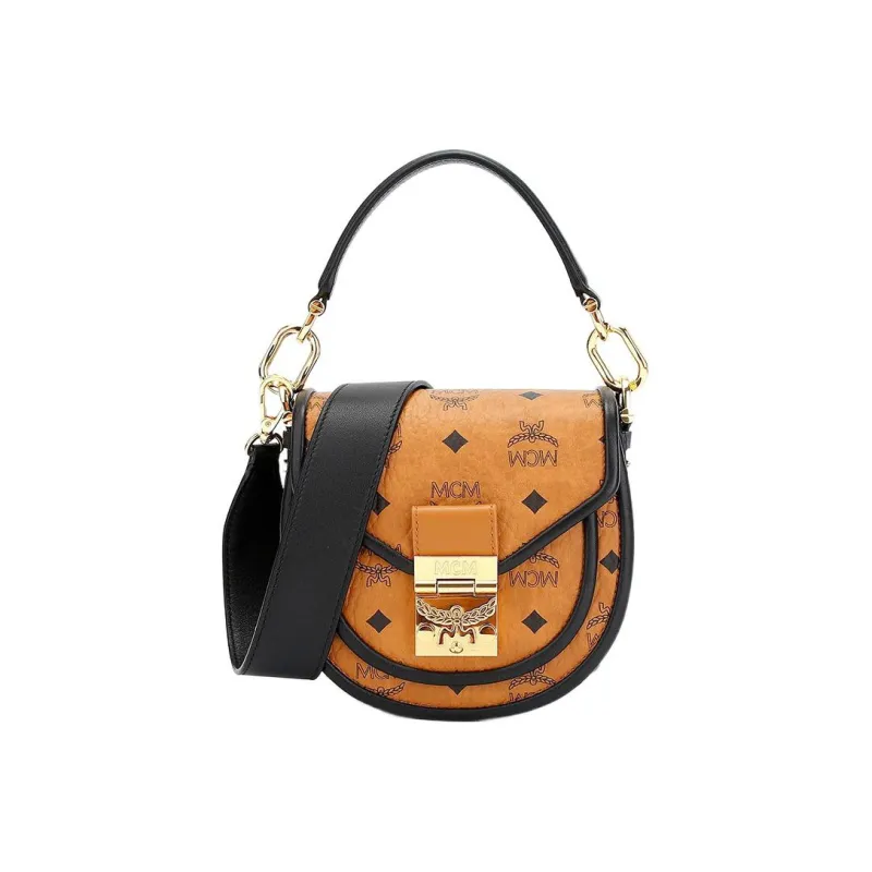 MCM Patricia Visetos Leather Saddle Bag, Crossbody Bag, Shoulder Bag Women's Brown Cognac-0