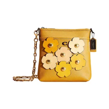 COACH Kitt Cross-Stitch Leather Chain Bag Messenger Bag Shoulder Bag Crossbody Bag Small Size Women's Yellow