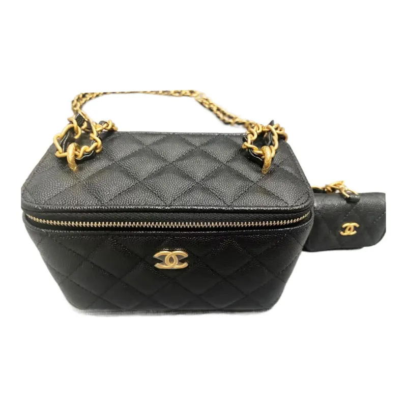 CHANEL Caviar Cow Leather Combo Bag, Long Box Bag, Shoulder Bag, Crossbody Bag Women's Black-1