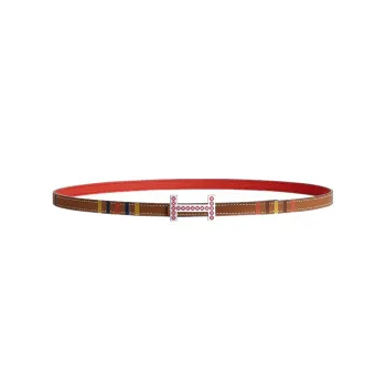 HERMES Swift And Epsom Calfskin Leather Belts Women's Striped Gold/Orange Red Width: 1.3cm