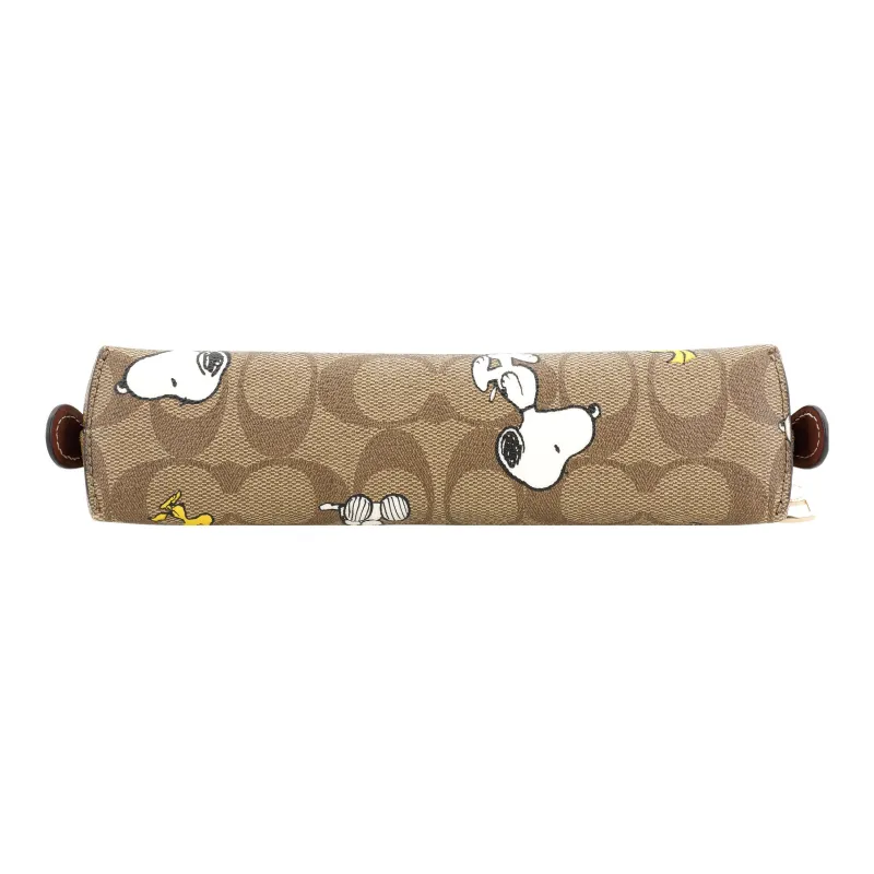 COACH Peanuts Snoopy Collaboration Pencil Case Canvas With Leather Pencil Case Makeup Bag Small Size Women's Khaki-3